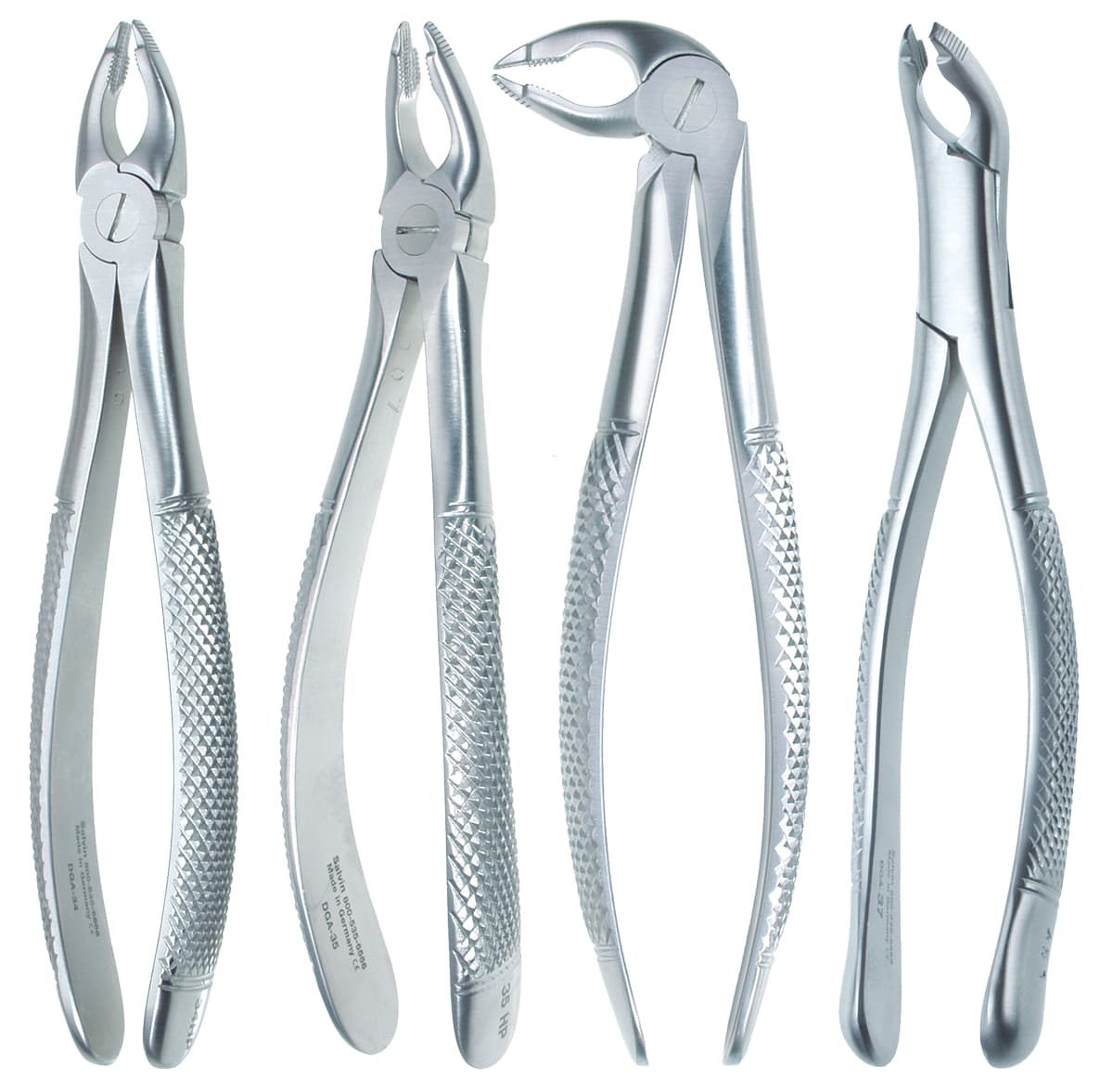 Set of 4 Salvin Deep Grip Extended Tip Length Serrated Extraction Forcep