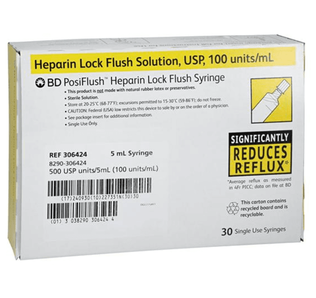 Heparin Lock Flush Syringe, 100 Units/mL, 5mL, 30/Box